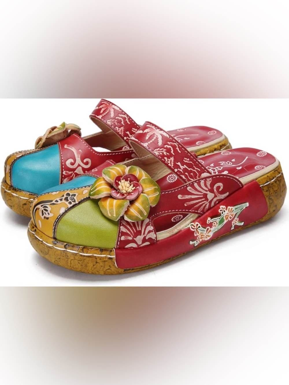 Clog Sandals Colorful Floral Leather Slip On Primary Colors Bohemian Hippie 9